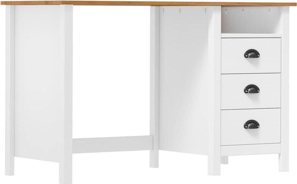A white desk with a wooden top and three drawers on the right side, shown from a side view.