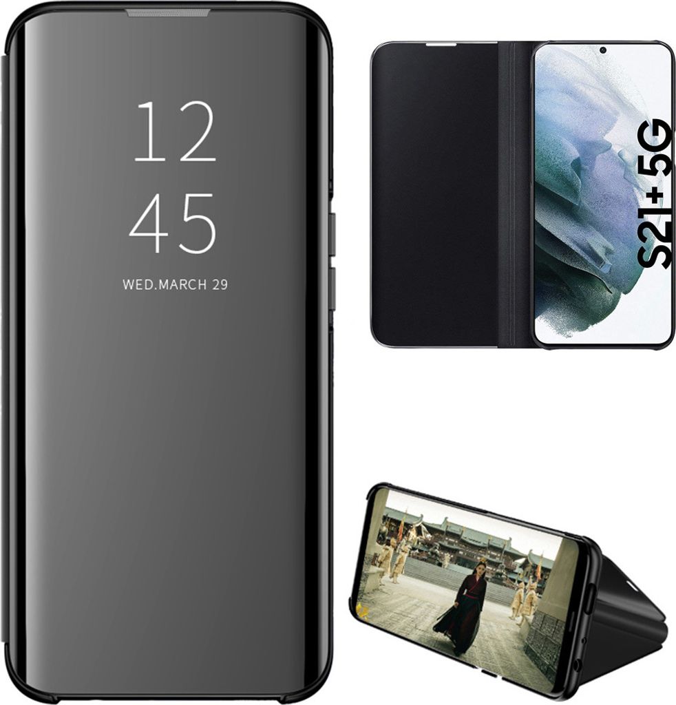 Samsung Galaxy S21 Plus 5G Hülle, LaimTop lichtdurchlässigen Spiegel Abdeckung, Klappetui Kunstleder Schutzhülle mit Standfunktion Schwarz