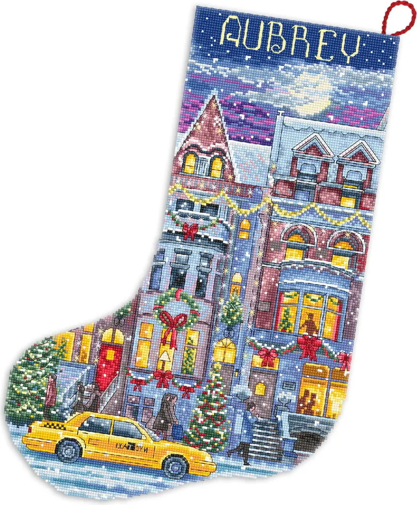 Chaussette de Noël à broder au point de croix motif Hôtel de ville 37cm