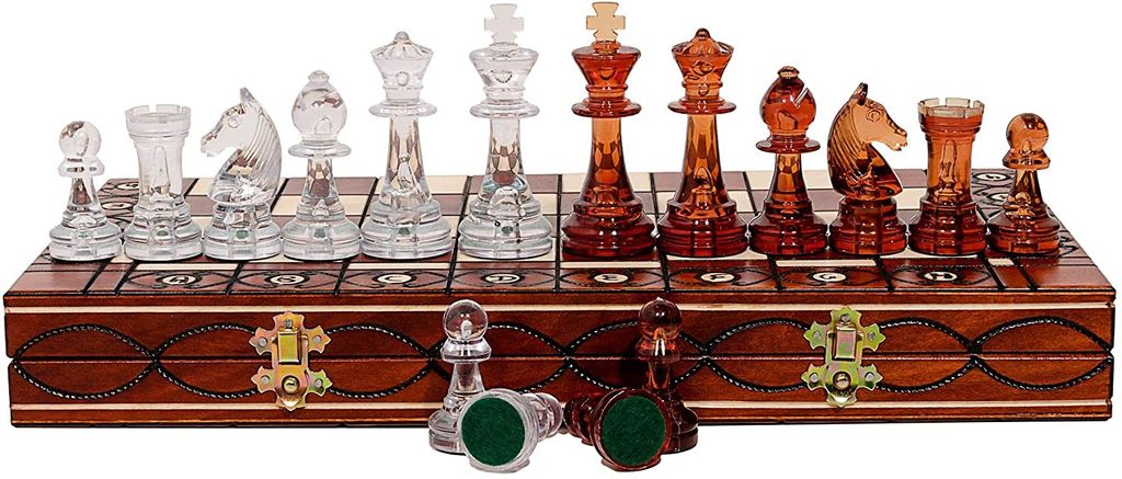 Schachspiel aus Holz, 40 cm, durchsichtige Kunststoff-Schachfiguren auf faltbarem Holz-Schachbrett