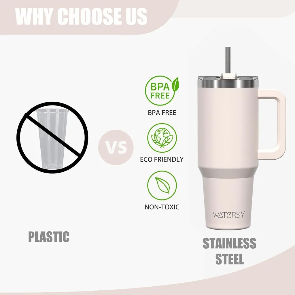 tazza Thermo Mug to Go da 30 oz in acciaio inox a doppia parete a prova di perdite con manico e cannuccia Beige chiaro - 4