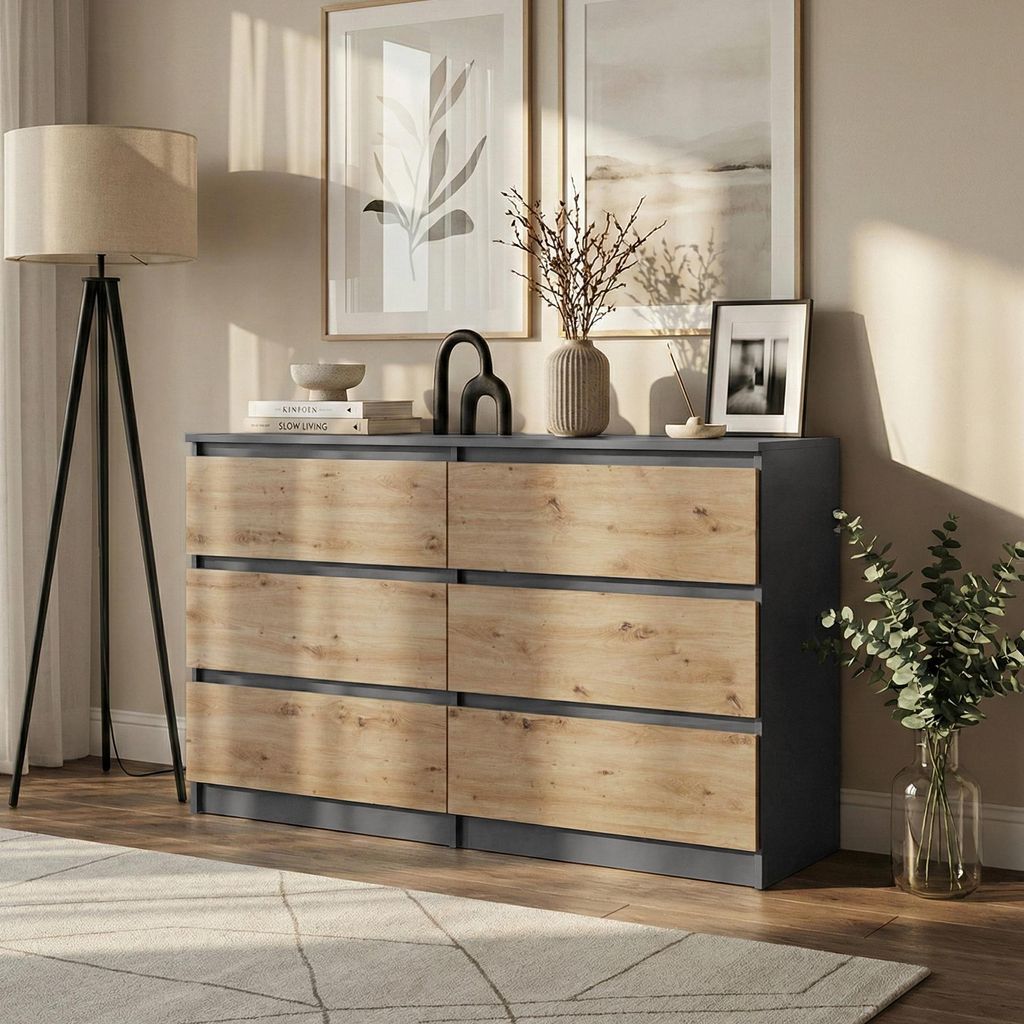 BEAUTYSOFA | Kommode LEMON 120 cm Anthrazit+Artisan, Sideboard mit 6 Schubladen, Modernes Aufbewahrungsschrank für Schlafzimmer, Wohnzimmer und Flur