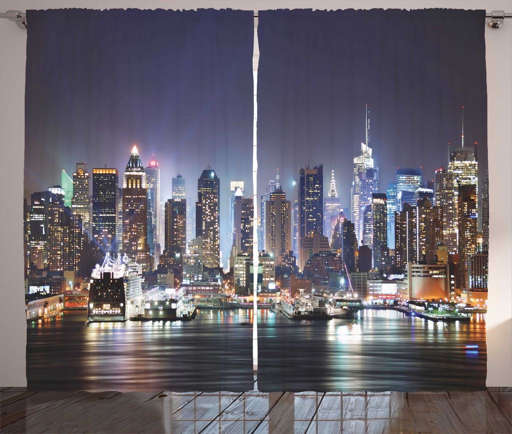 ABAKUHAUS New York Rustikaler Vorhang, Manhattan-Skyline nachts, Wohnzimmer Universalband Gardinen mit Schlaufen und Haken, 280 x 175 cm, Orange Blau