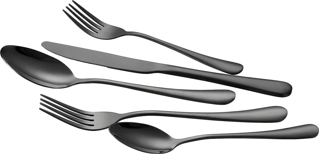 A set of black cutlery arranged diagonally on a white background.