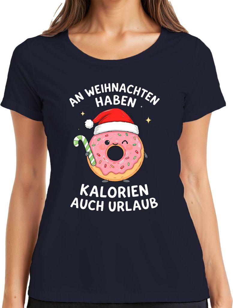 An Weihnachten haben Kalorien auch Urlaub lustig Donut Geschenk Damen T-Shirt, Navy, S