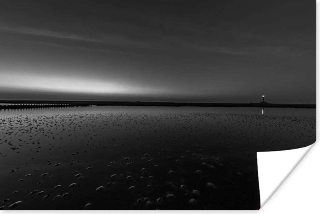 MuchoWow Poster Wattenmeer - Leuchtturm - Schwarz - Weiß 90x60 cm - Schlafzimmer