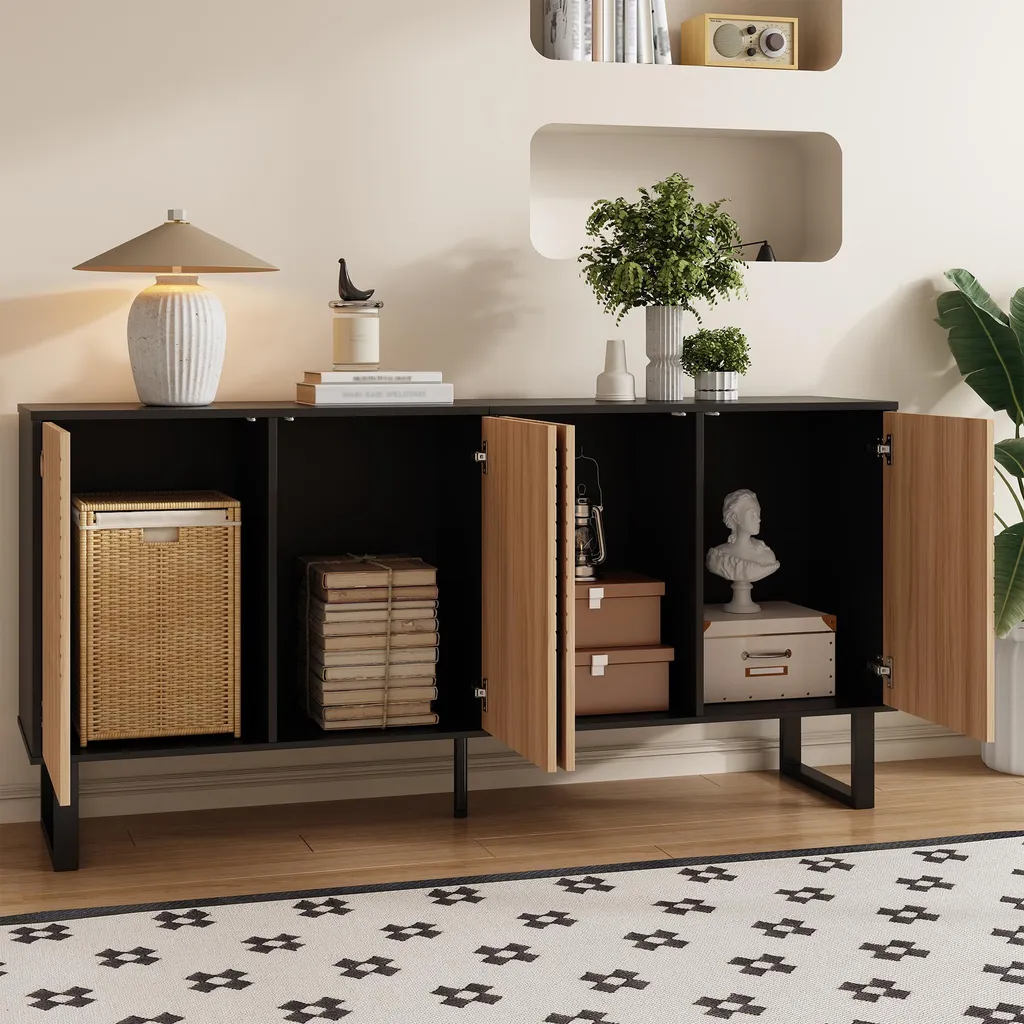 Buffet avec Façade à Rayures 3D et Aspect Bois Meuble Rangement Moderne