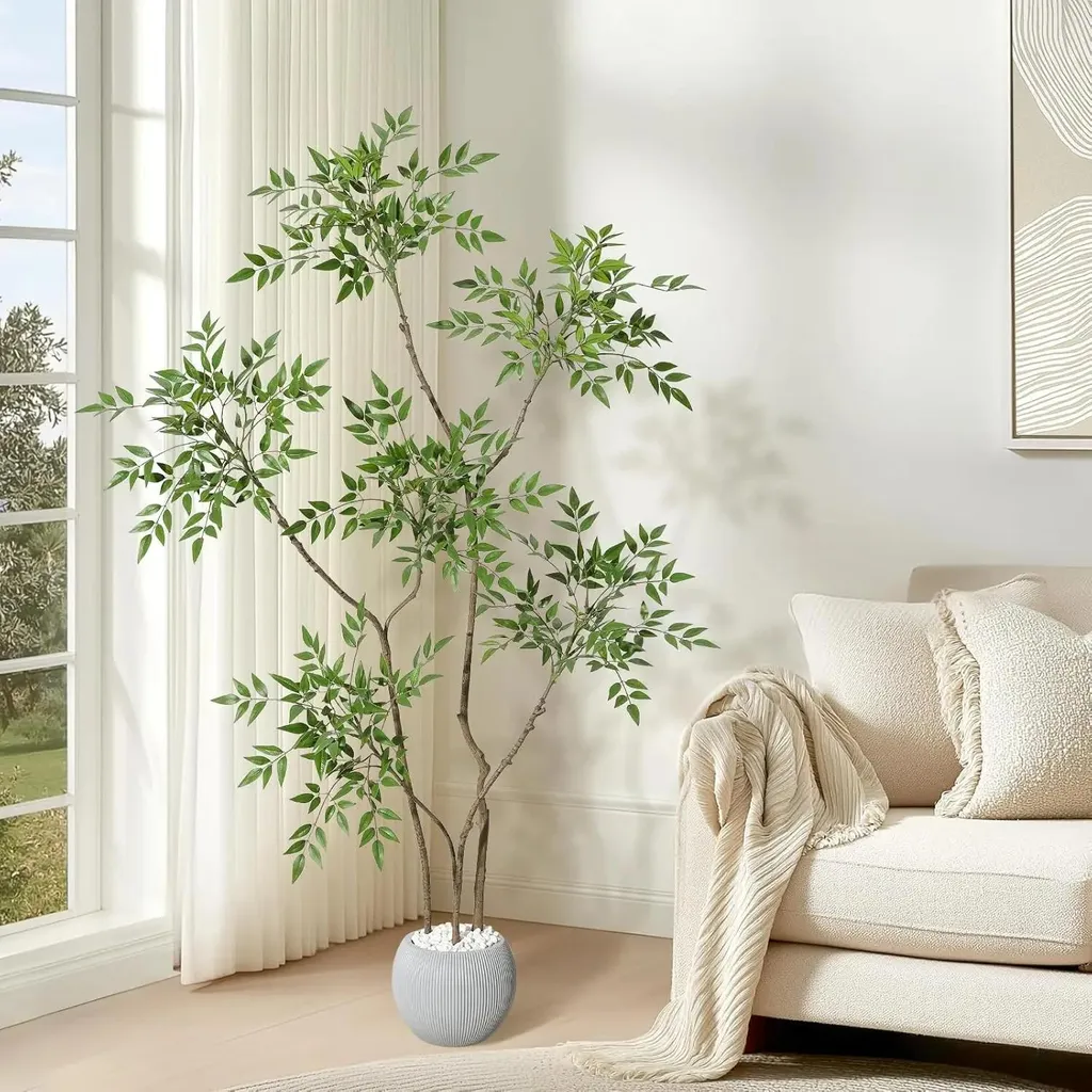 Nandina artificielle style bonsaï 4XL avec pot blanc laiteux - 120cm