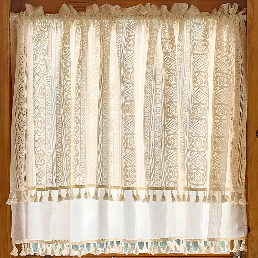 Doppellagige Leinen kurze Vorhänge für kleine Fenster Küchen-Volant Halbtransparent Bistrogardine Stangentasche Vintage Kaffee Vorhang Quaste 13...