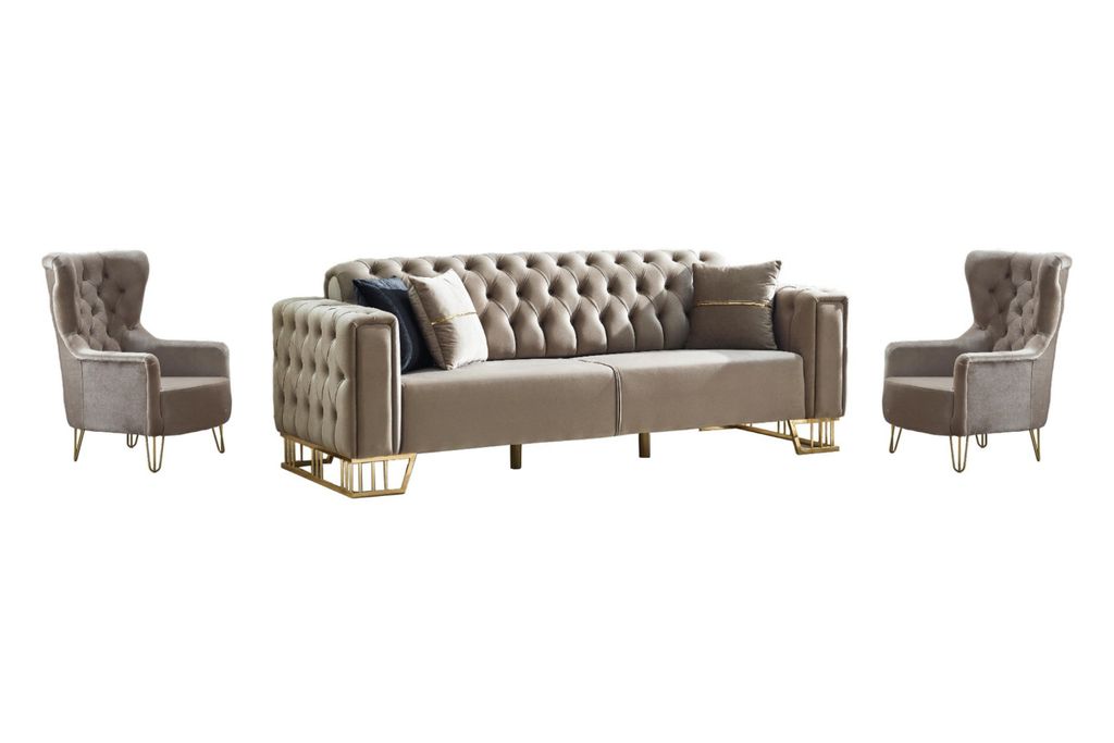 Villa Möbel Sofa Set Royce Beige Taupe Stellvariante:2+1+1 Relax- und Bettfunktion, pflegeleichter Mikrofaser Samtstoff