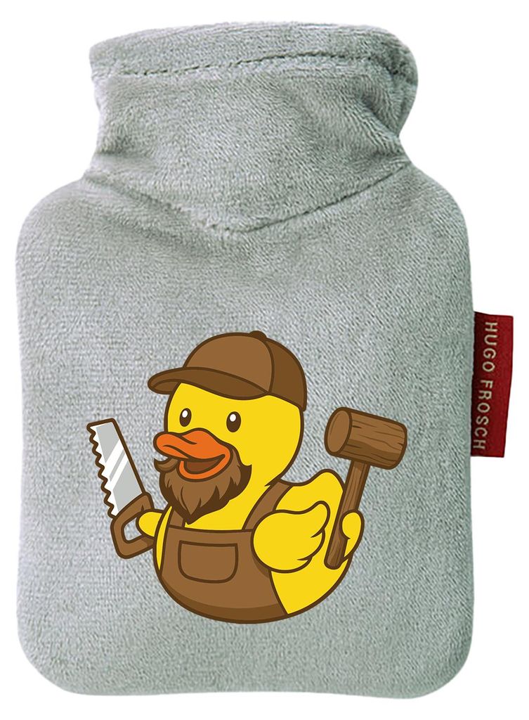 Huuraa Mini-Wärmflasche Quietscheente Schreinerei Comic Gummiente 0,2 Liter Grey Mini Veloursbezug Taschenwärmer Geschenkidee