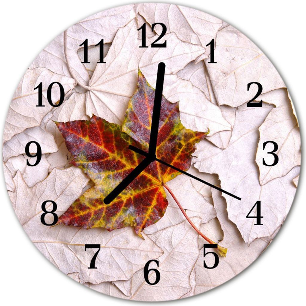 Glasuhr Wanduhr Küchenuhr Echt-Glas 30fi cm Ahorn Blatt rot