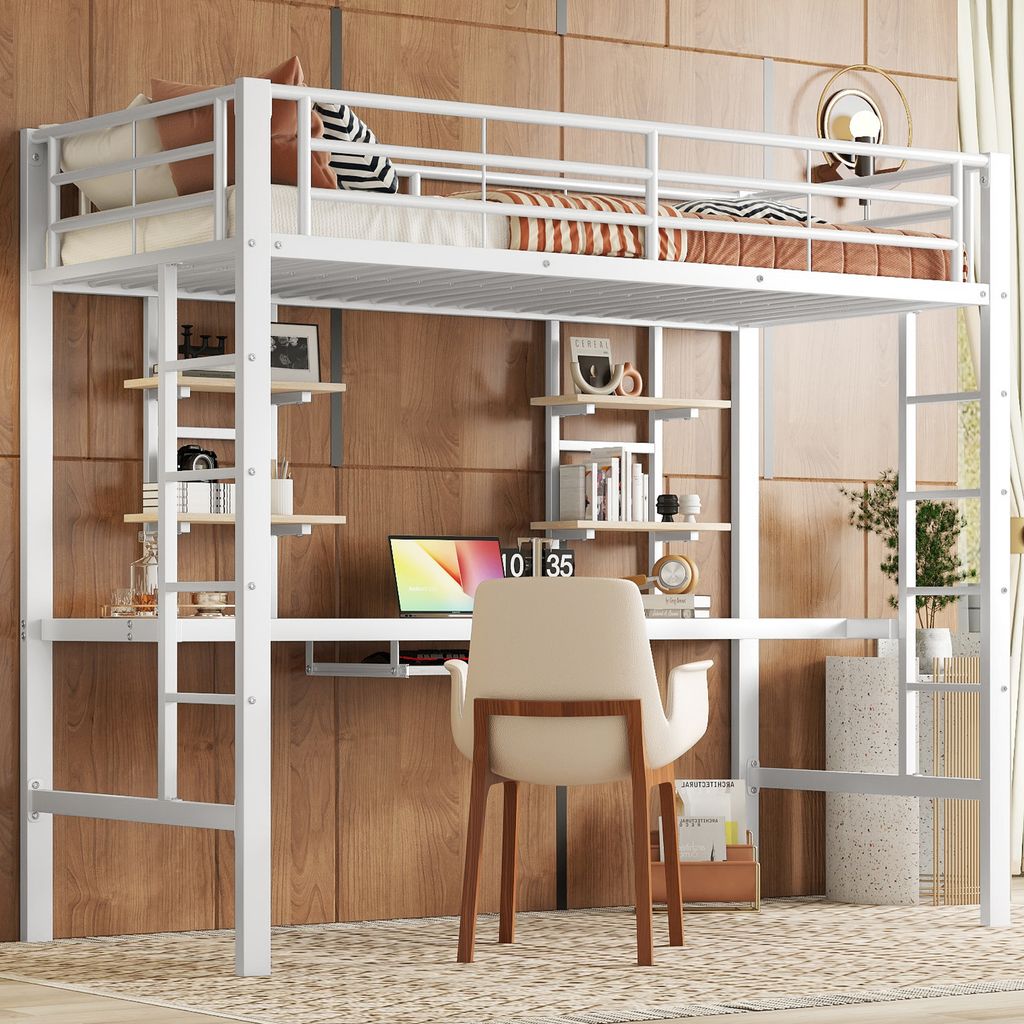 AIORBER Etagenbett, 90×200 cm, mit Treppe und Schreibtisch, zwei Bücherregale, stabil und langlebig, Hochbetten, für Schlafzimmer, Schlafsäle, ...