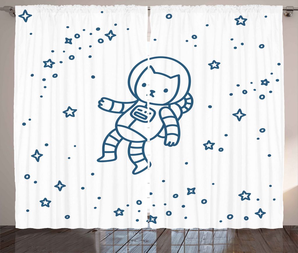 ABAKUHAUS Katze Rustikaler Vorhang, Astronaut Katze im Weltraum, Wohnzimmer Universalband Gardinen mit Schlaufen und Haken, 280 x 175 cm, Dunkelblau