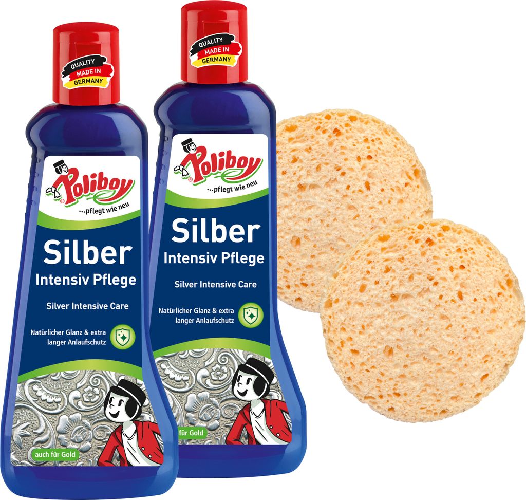 Poliboy Silber Intensiv Pflege - 2x200ml - Sanftes Poliermittel für Silberschmuck - Mit 2x Schwamm - 99A5301