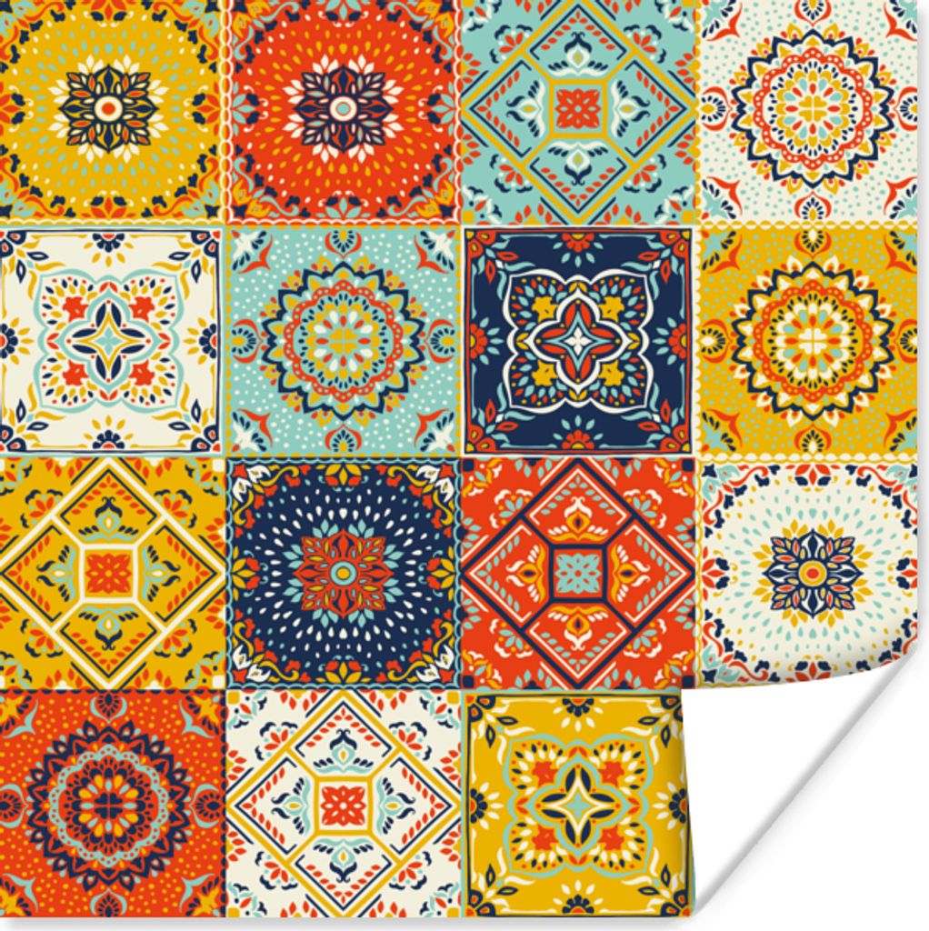 MuchoWow Poster Vintage - Blumen - Muster - Weiß - Orange 50x50 cm - Wohnzimmerdekoration