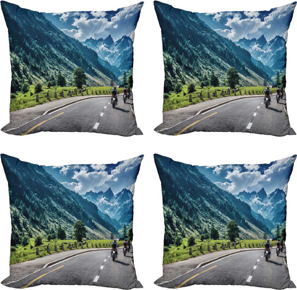 ABAKUHAUS Landschaft Kissenbezug Set (4 Stück), Motorradfahrer auf Straße, Moderner Doppelseitiger Digitaldruck, 45 cm x 45 cm, Mehrfarbig