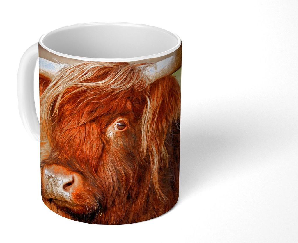 MuchoWow Tasse Kaffeetasse Kaffeebecher 350 ml Schottisches Hochlandrind - Gras - Baum Teetasse - Fototasse - Becher - Keramikbecher - Teebecher ...