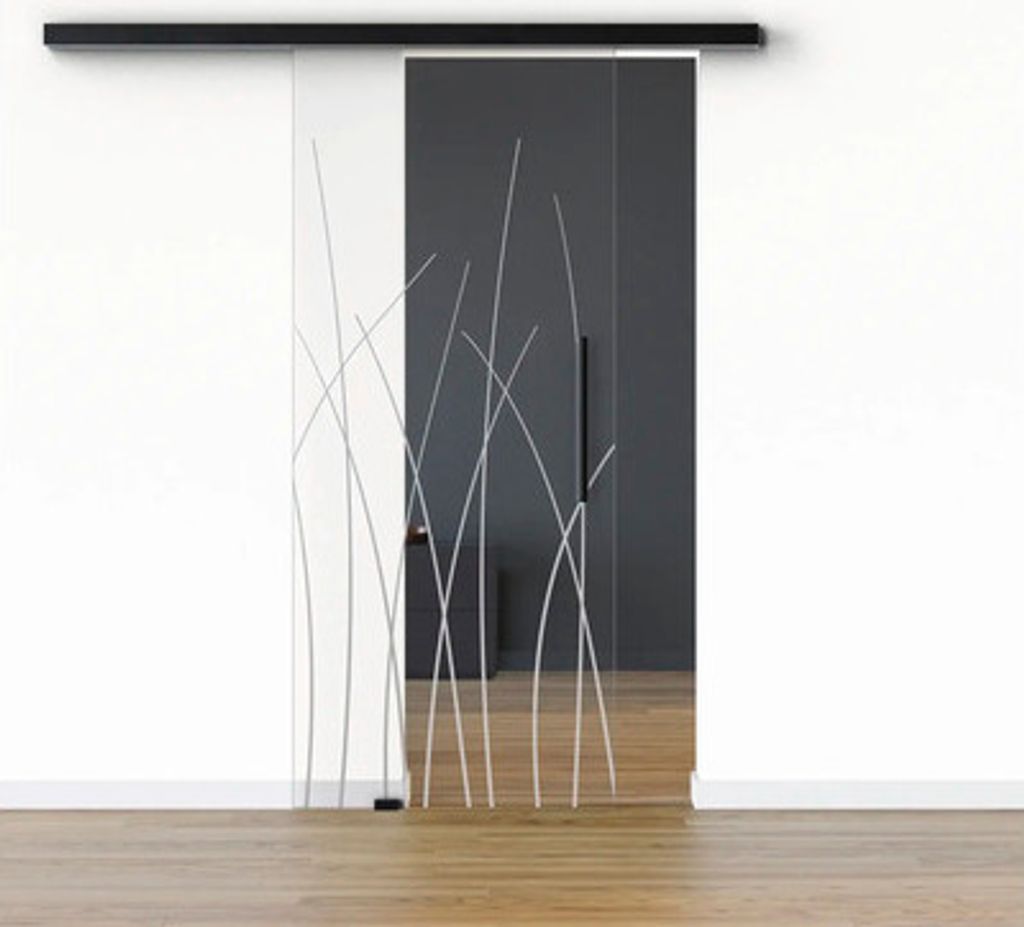 Pertura Glasschiebetür Komplettset Glera Reeds 01 775x2050 mm Links inkl.Beschlag Selir Aluminium schwarz,Stangengriff
