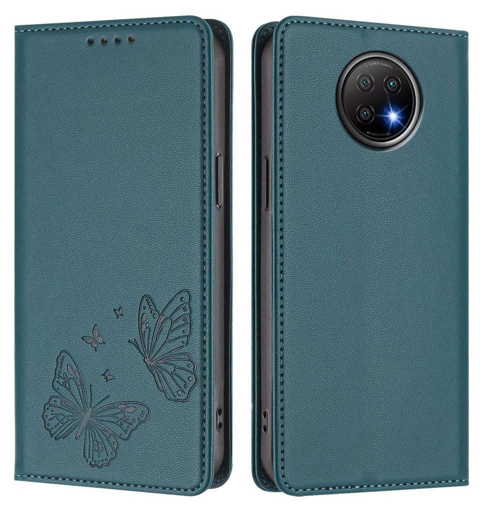 Lederhülle für Xiaomi Redmi Note 9T, Schmetterling Prägung Leder Brieftasche Schutzhülle mit Ständer Grün