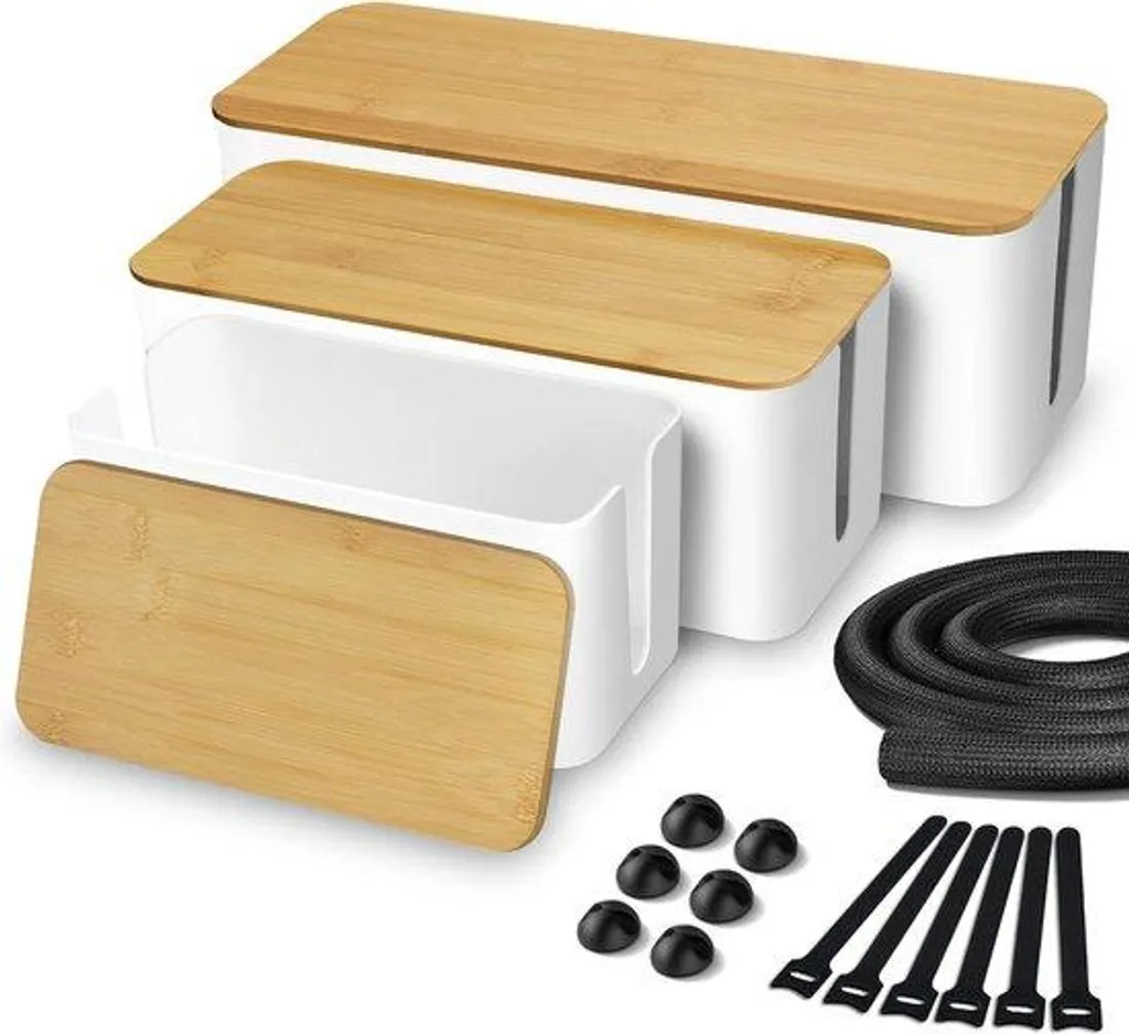 Boîte cache-câble avec couvercle en bambou blanc pour multiprise D30