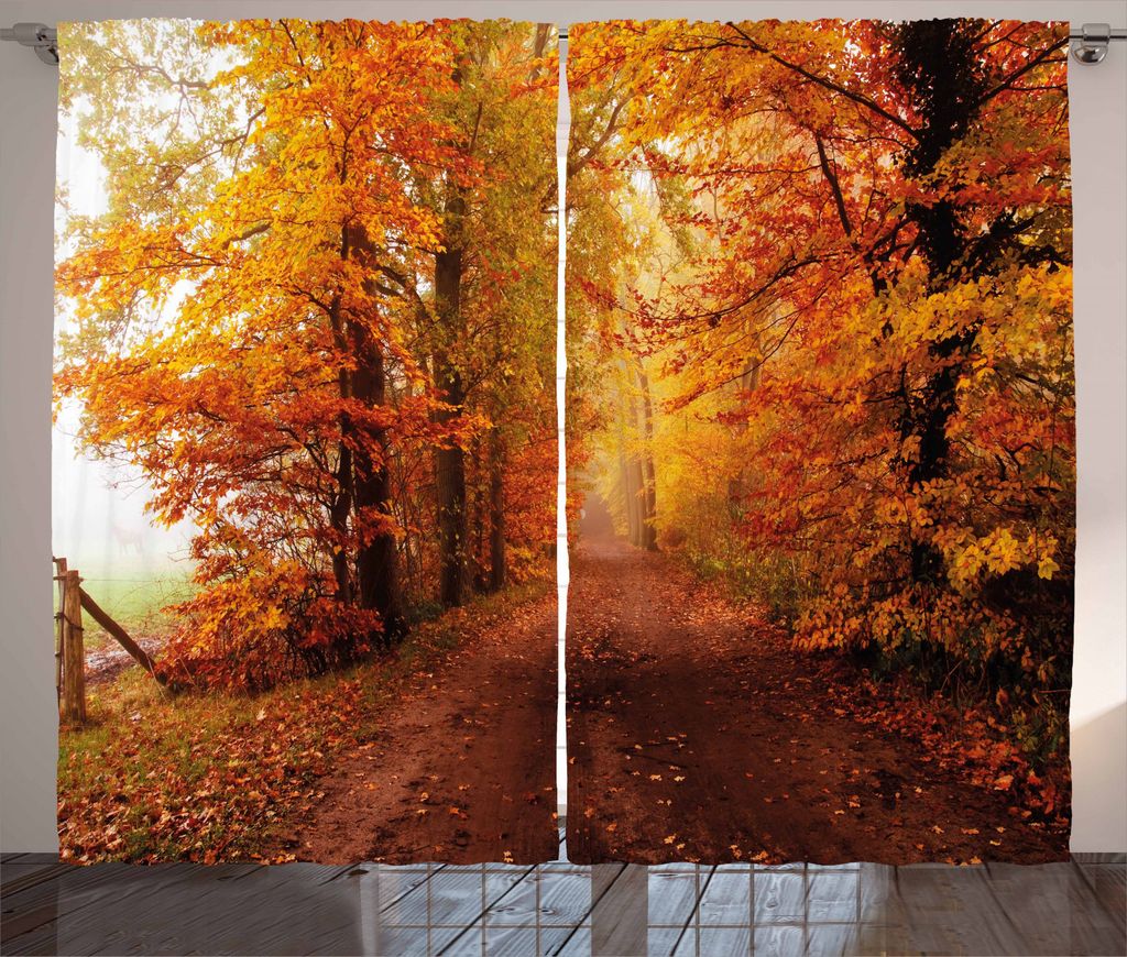 ABAKUHAUS Fallen Rustikaler Gardine, Fußweg in Foggy Woods, Schlafzimmer Kräuselband Vorhang mit Schlaufen und Haken, 280 x 245 cm, Orange Redwoo...