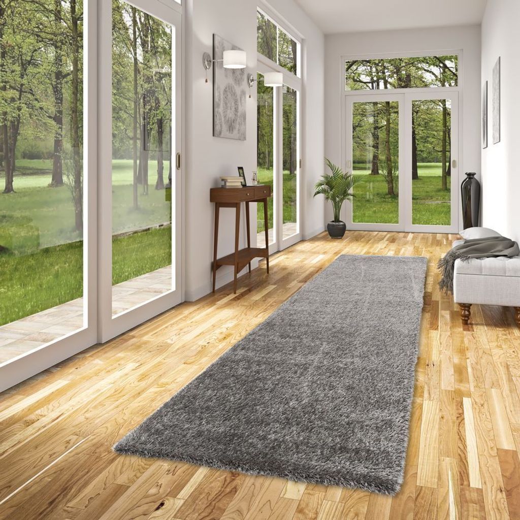 Luxus Hochflor Langflor Teppich Läufer Bilbao Anthrazit, Größe:80x240 cm