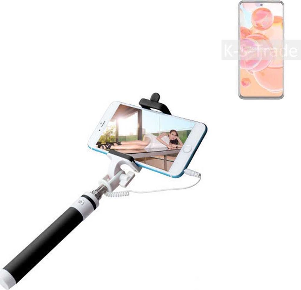 K-S-Trade Selfie Stick kompatibel mit ZTE Blade V40 Pro Selfiestick kabelgebunden Monopod mit Kabel Stab Stange Selfportrait Handheldstick schwarz 1x