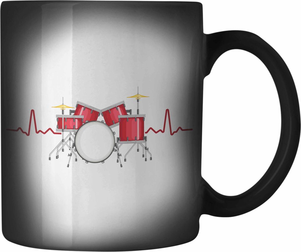 Trendation - Schlagzeug-Spieler Herzschlag Farbwechsel Zauber-Tasse Geschenk Männer Kinder Geschenkidee Geburtstag Weihnachten (Schwarz)