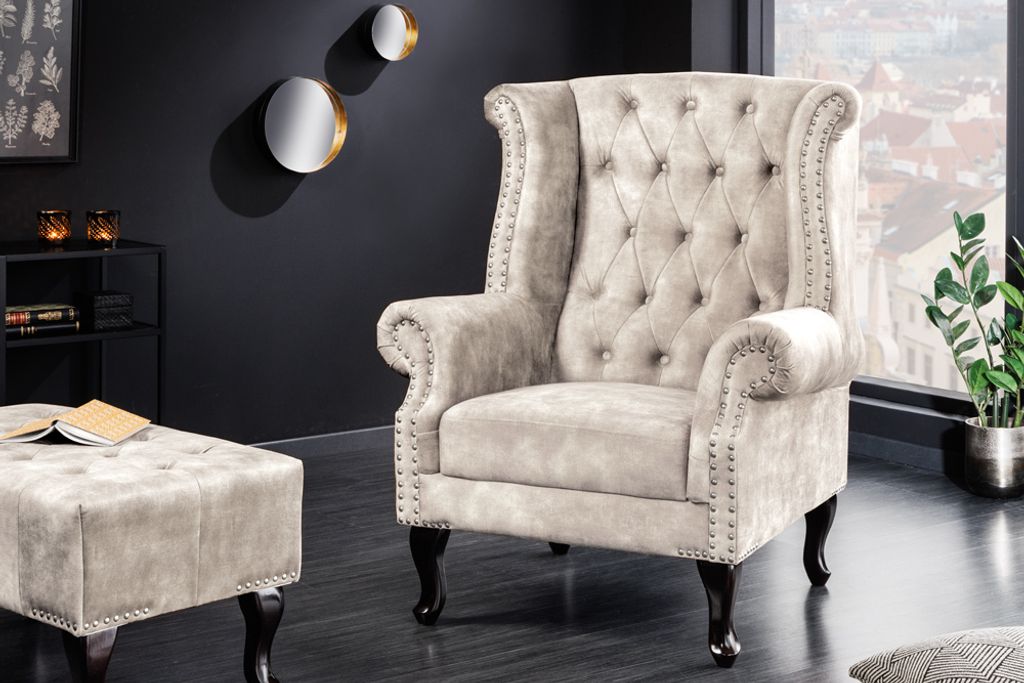 riess-ambiente Design Ohrensessel CHESTERFIELD 105cm champagner beige Samt silber Ziernieten