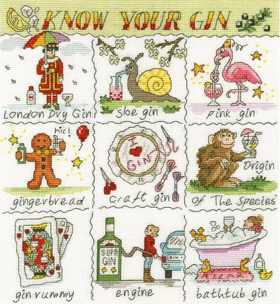 Kit Broderie Bothy Threads Know Your Gin 26x28cm Toile Aida et Cotons
