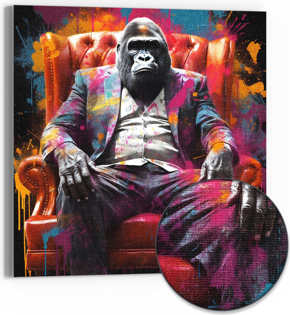 DEQOART Hybrid Leinwand Bild 50x50 cm 'Gorilla Lounge' Wandbild Glas flach modern