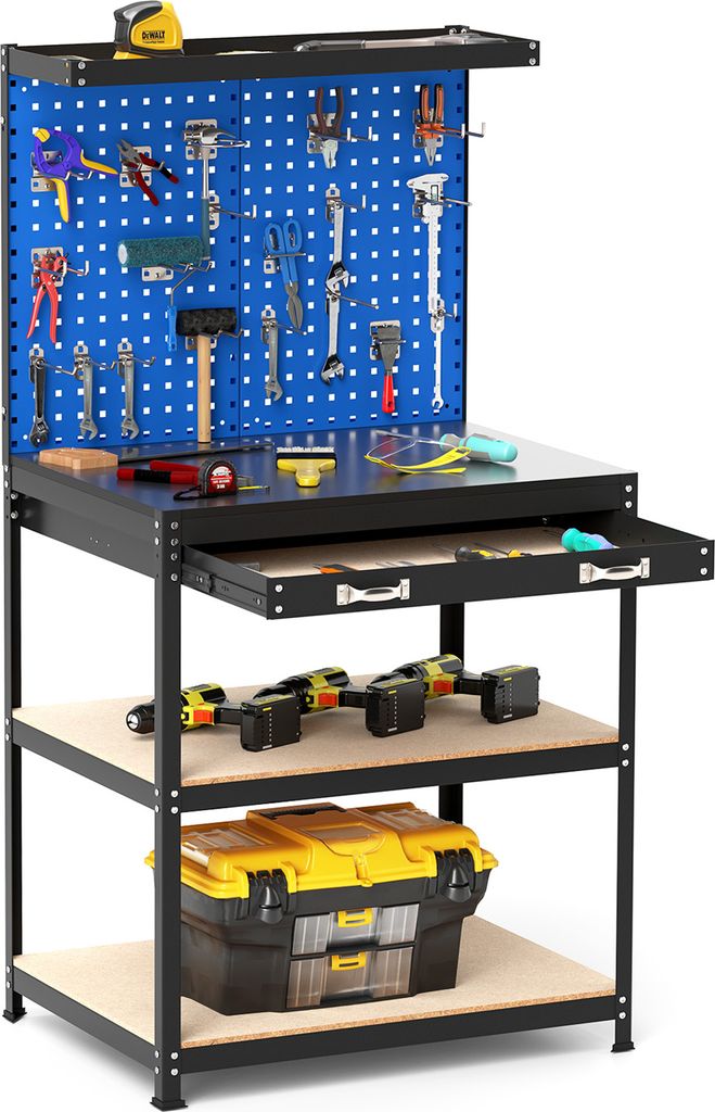 COSTWAY Werkbank Arbeitstisch bis 225kg Werktisch mit Lochwand, Schubladen, regalen & 20 Hängehaken, Werkzeugbank 81x41x156 cm Blau