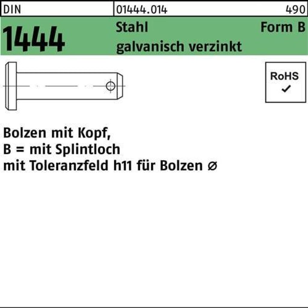 Bolzen DIN 1444 m.Kopf/Splintloch B 12 x 40/34,5 Stahl galvanisch verzinkt