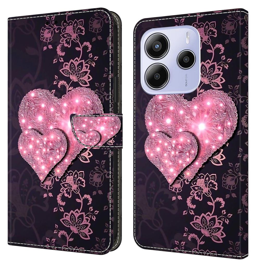 CLM-Tech Handyhülle kompatibel mit Xiaomi Redmi Note 14 5G Hülle - Tasche aus Kunstleder - Klapphülle Schutzhülle Wallet Case Cover rosa Herzen