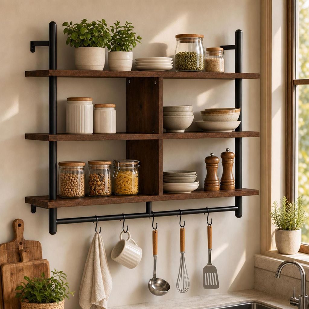 Wandregal 3 Ebenen mit Haken 105x24x94 cm Holz Metall Produktbild 