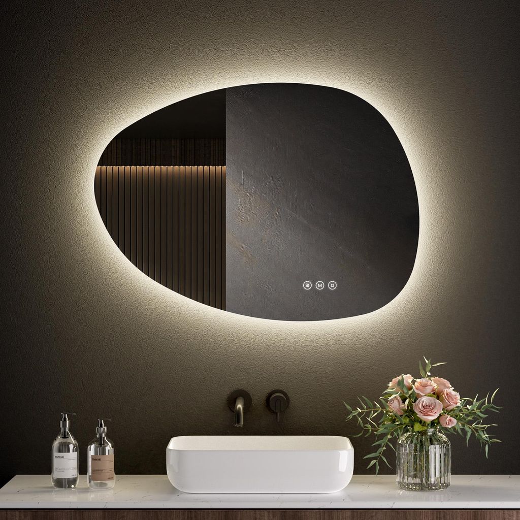 Miroir Asymétrique éclairage Miroir Salle De Bain LED Asymétrique 60x45 Cm - Antibuée, Bluetooth, Horloge, IP44 - S'AFIELINA Miroir Salle Bain éclairage