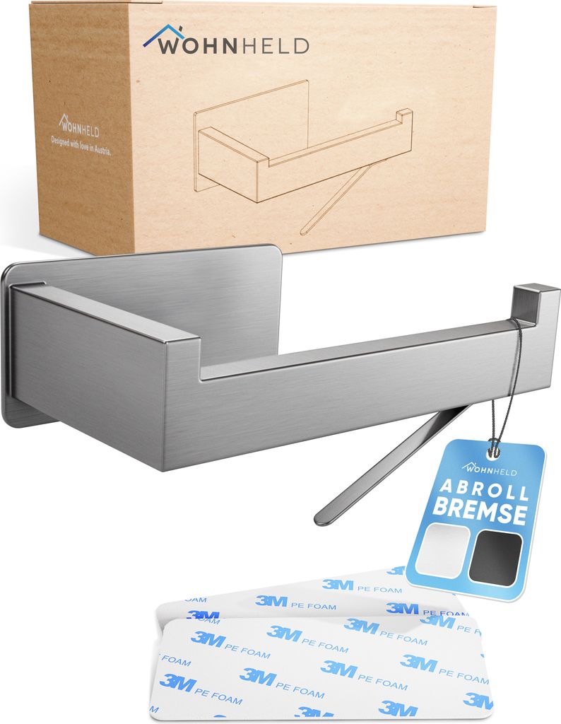 Toilettenpapierhalter ohne Bohren [Mit Abroll-Bremse] Edelstahl - Silber & Schwarz - Klopapierhalter - Klorollenhalter ohne Bohren - WC Papier Halt...