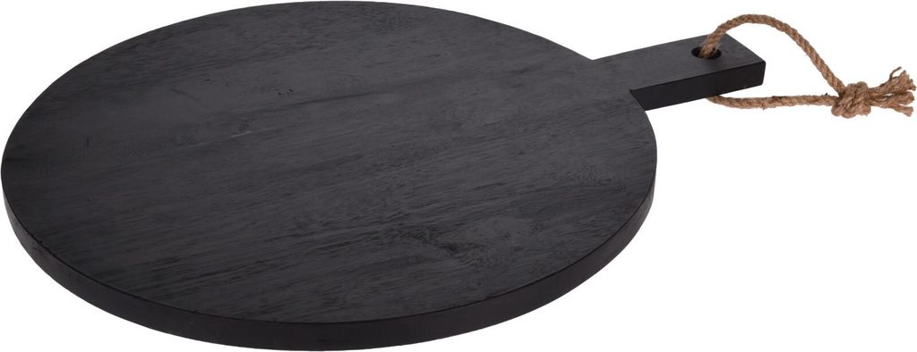 A black round wooden cutting board with a handle and a rope loop, shown on a white background.