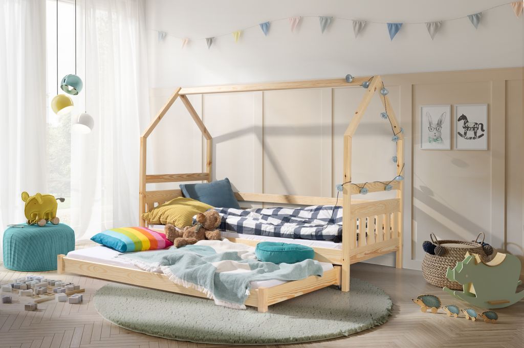 KEF LILY Kinderbett 80x160 cm Hausbett für Zwei Kinder Bodenbett aus Holz mit Lattenrost mit Rollen Jugendbett für Kinderzimmer Kiefer
