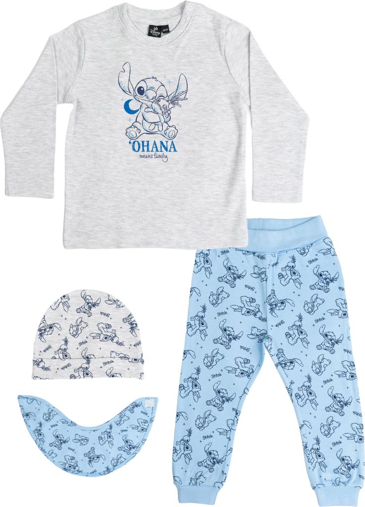 Disney Lilo & Stitch Baby Set - Ohana Unisex Oberteil Pullover mit Hose, Mütze & Halstuch 4-Teiler Grau/Blau 86-92