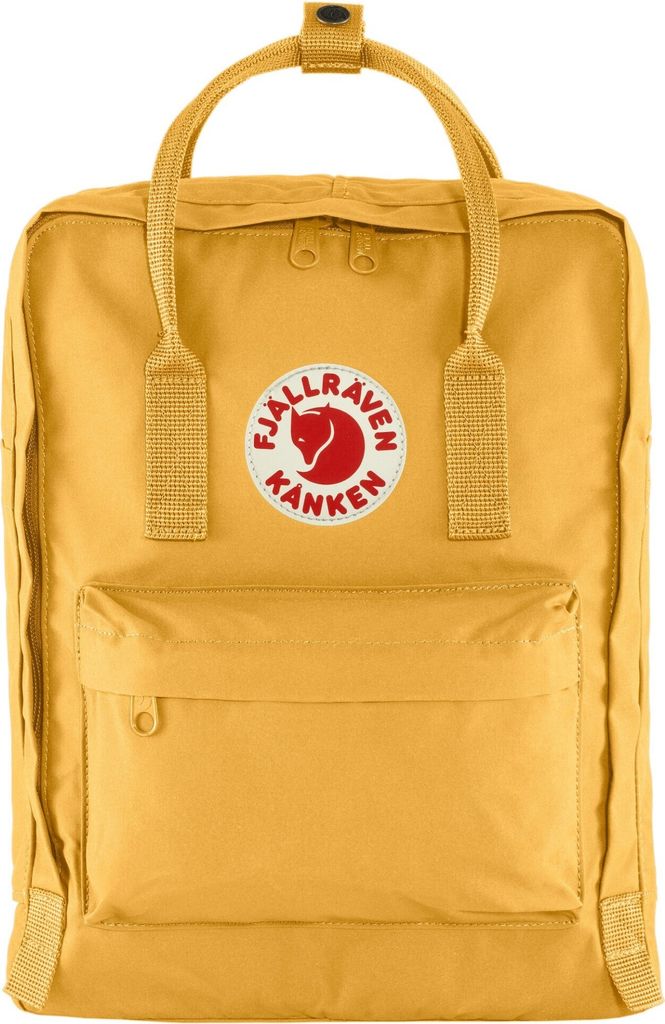 A yellow Fjällräven Kånken backpack is shown from the front against a white background.