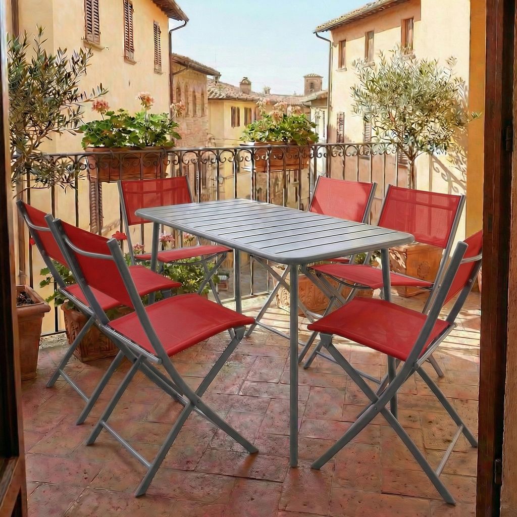 VCM 7-teilig Balkonmöbel Set, Gartentisch 110x55 cm mit 6 Klappstühlen, Metall & Textilene, wetterbeständig, platzsparend für Balkon & Terrasse...