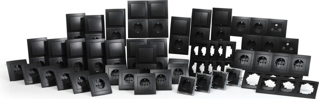 A collection of black electrical outlets and switches arranged on a white background.