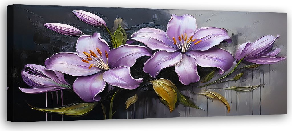 Leinwandbild Lilienblumen Lila Gemalte 90x30 Feeby Violett bild für die wand bereit zum aufhängen