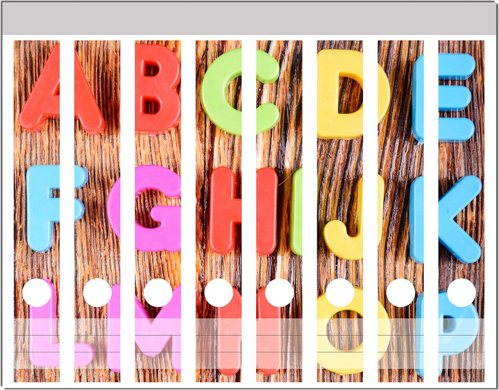 Wallario Ordnerrücken Sticker, selbstklebend für schmale Ordner, 8 Stück, Motiv Bunte Buchstaben - Alphabet auf Holz
