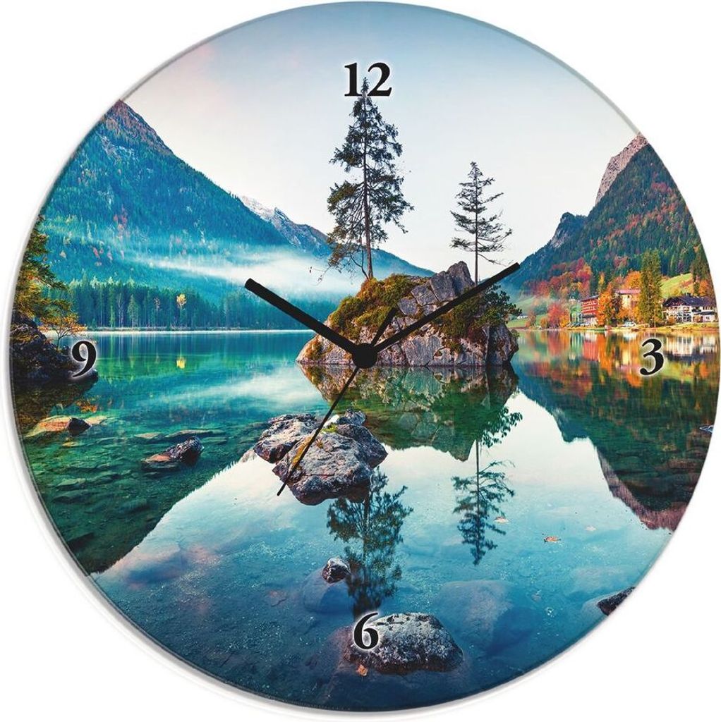 ARTland Glas Wanduhr Quarzuhr - schwarzer Zeiger Herbstszene des Hintersee vor Alpen Größe: 30x30 cm