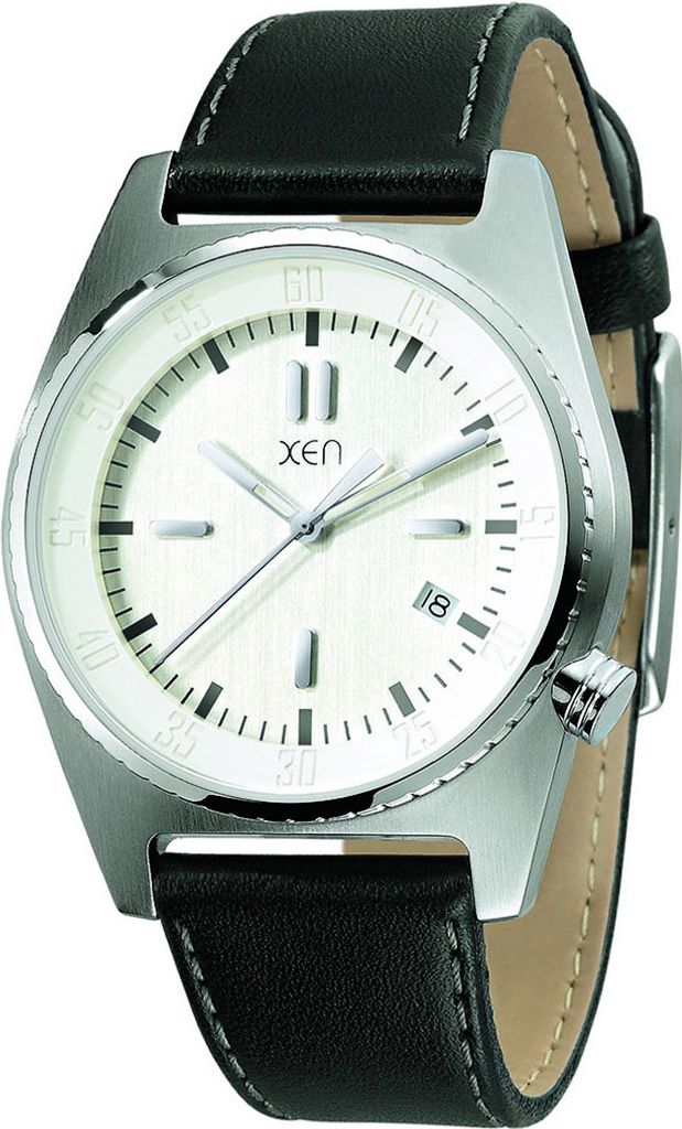 XEN Herrenuhr schwarz XQ0221 Wasserdicht 50m Armband Leder mit Uhrenbox