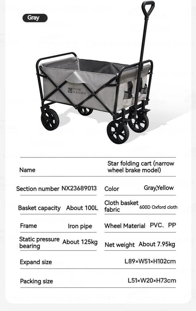 Star - Faltbarer Camping Bollerwagen - 100 L Volumen - 125 kg Traglast - Doppelbrems Räder - Grau