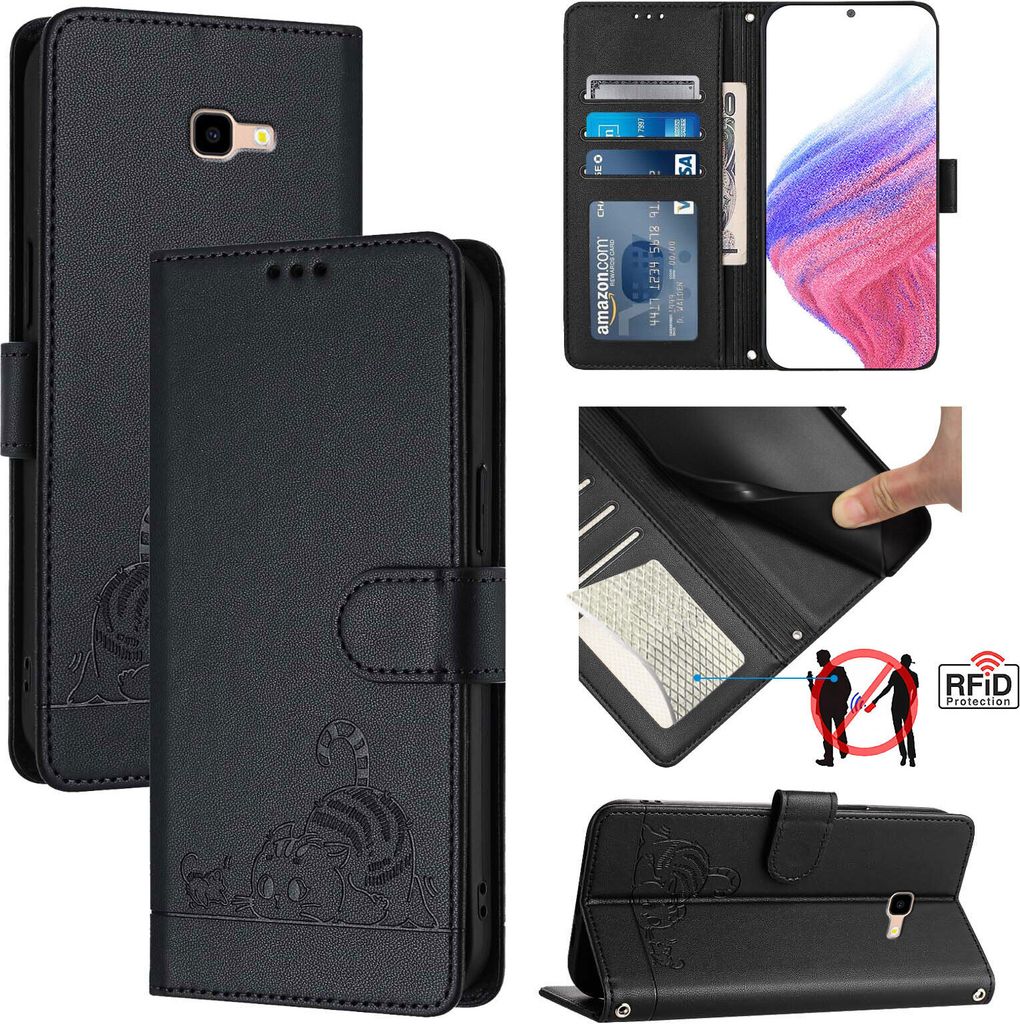 Leder Hülle für Samsung Galaxy J4 Plus Süße Katze Flip Case Brieftasche Schutzhülle mit Standfunktion Schwarz